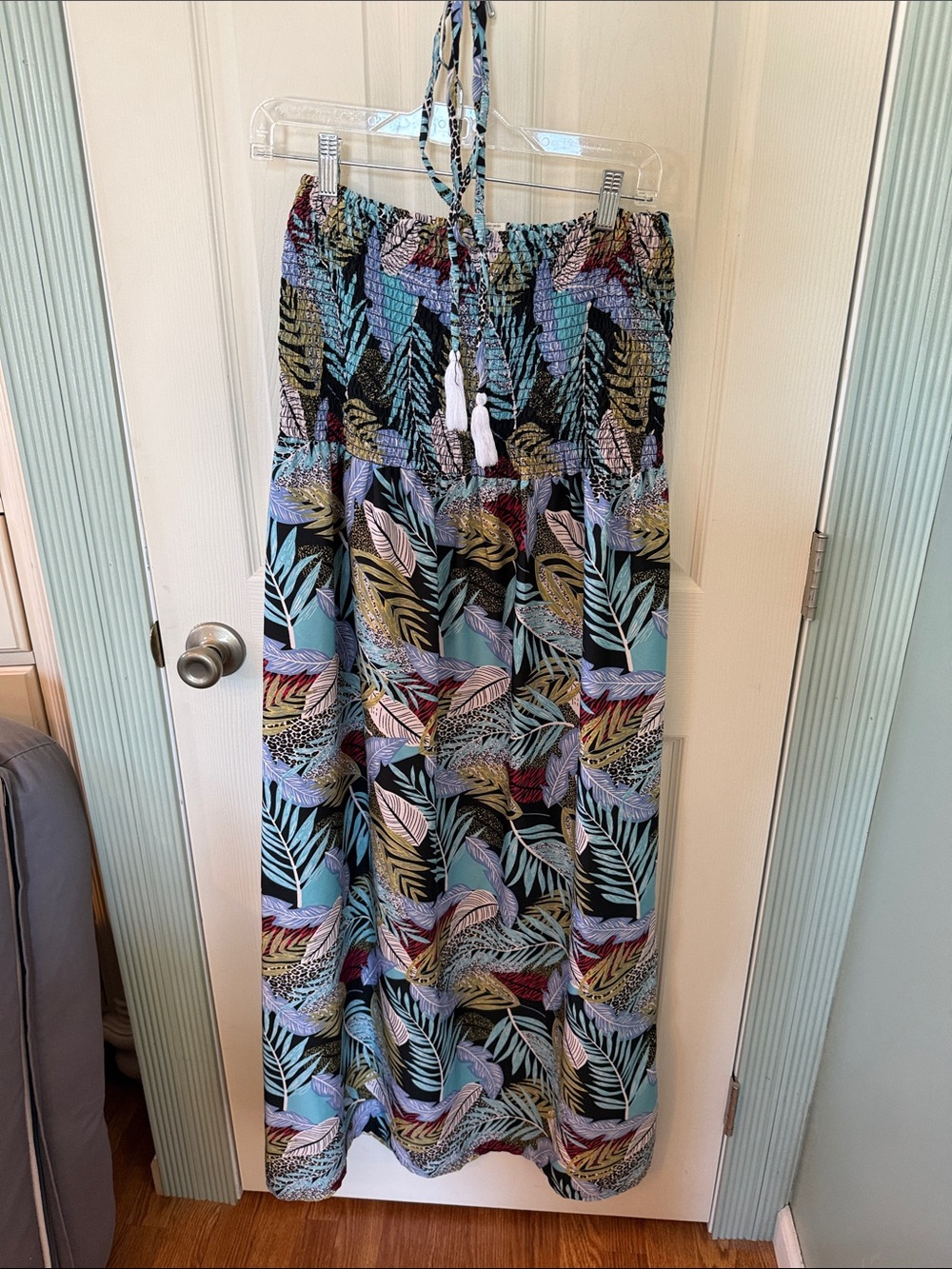 Smocked Tropical Leaf Maxi Dress in Aqua and Black